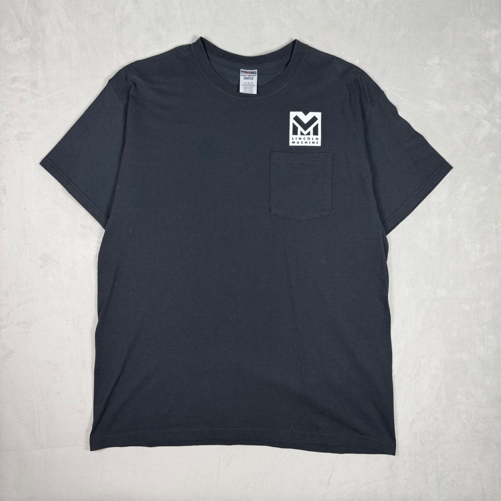 Y2K Mens Jerzees Lincoln Machine Graphic Pocket T-Shirt Workwear Black XL‎